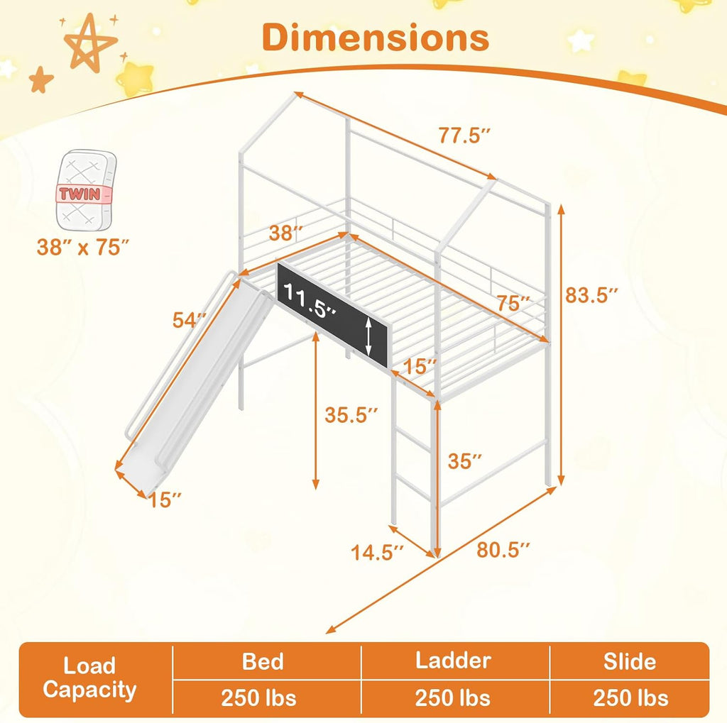 Giantex Twin Size House Loft Bed, Low Loft Bedframe w/Roof, Slide, Ladder, Chalkboard & Sturdy Metal Slats for Bedroom Dorm, Kids House Bed for Boys Girls, No Box Spring Needed (White)