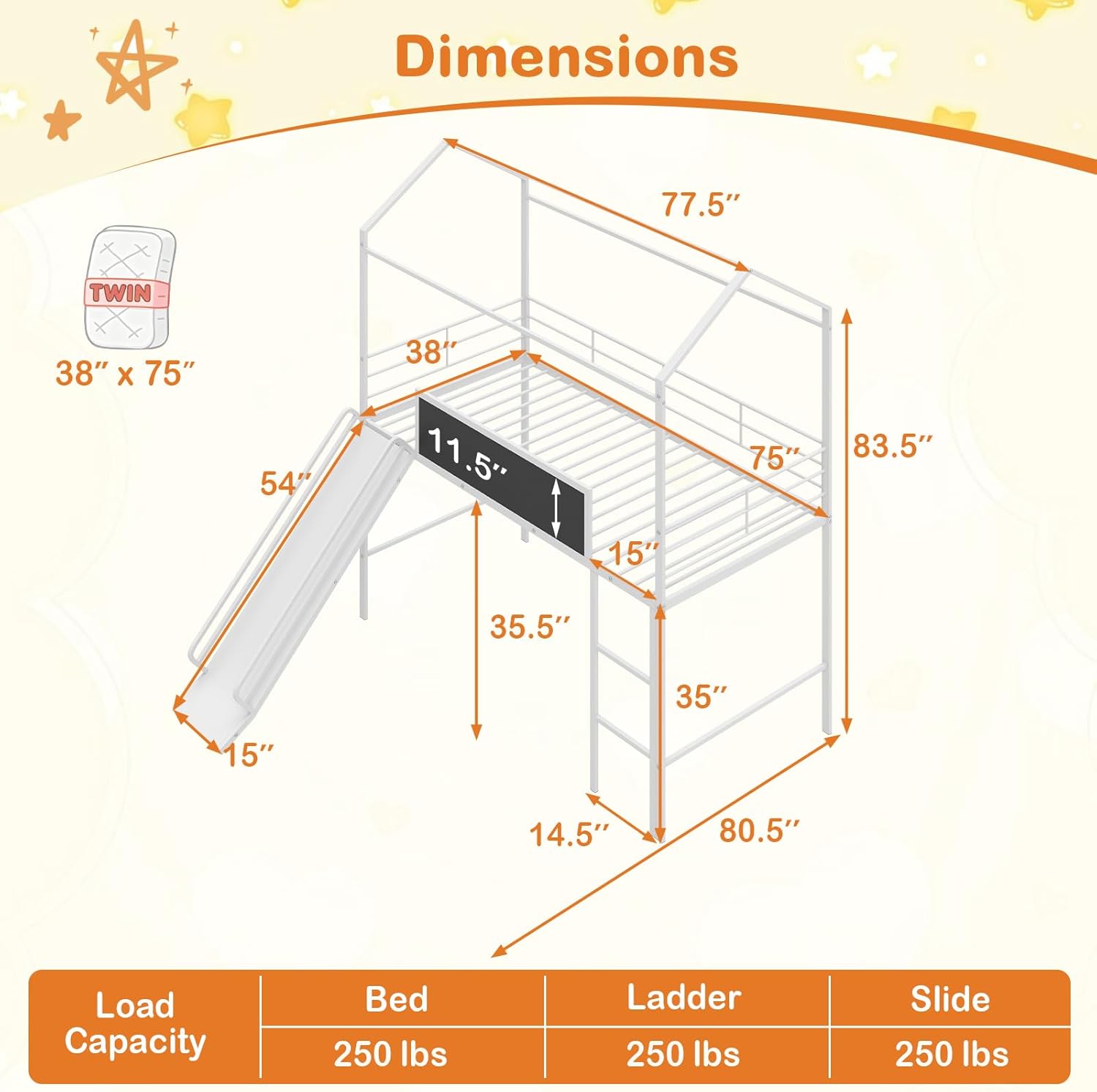 Giantex Twin Size House Loft Bed, Low Loft Bedframe w/Roof, Slide, Ladder, Chalkboard & Sturdy Metal Slats for Bedroom Dorm, Kids House Bed for Boys Girls, No Box Spring Needed (White)