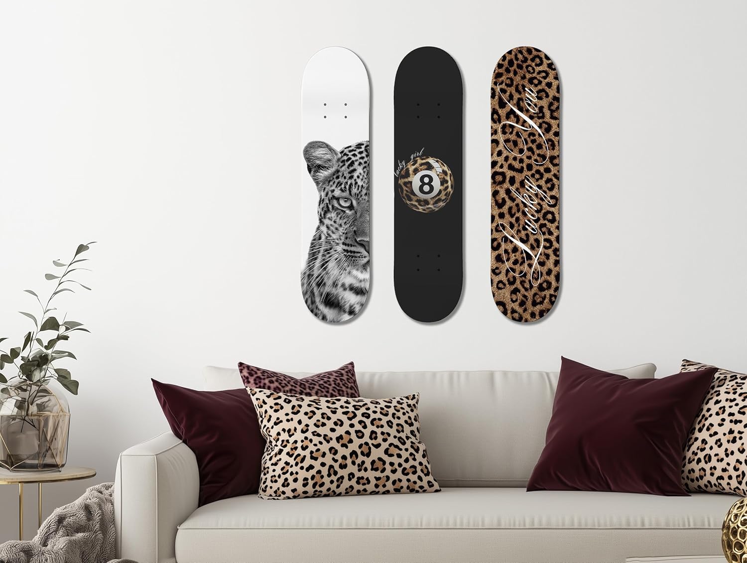TwoDays Stockholm Cheetah Skateboard Wall Decor - Leopard Print Modern Style Wall Mount Art Set for Men's Apartment & Dorm, Cool Skate Deck, Trendy Skater Room Design (Set of 3)
