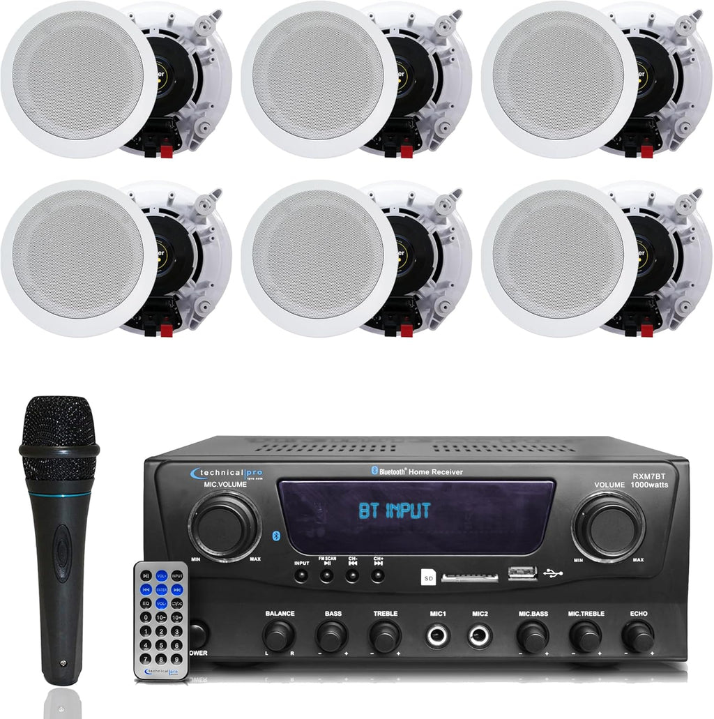 Home Theater System Kit 1000 Watts Bluetooth Receiver w/ 6 Qty 5.25" 175 Watts Each in-Wall in-Ceiling Speakers with Portable Microphone & Remote Control by Technical Pro