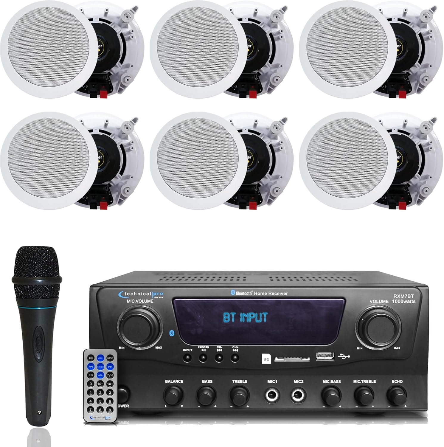 Home Theater System Kit 1000 Watts Bluetooth Receiver w/ 6 Qty 5.25" 175 Watts Each in-Wall in-Ceiling Speakers with Portable Microphone & Remote Control by Technical Pro