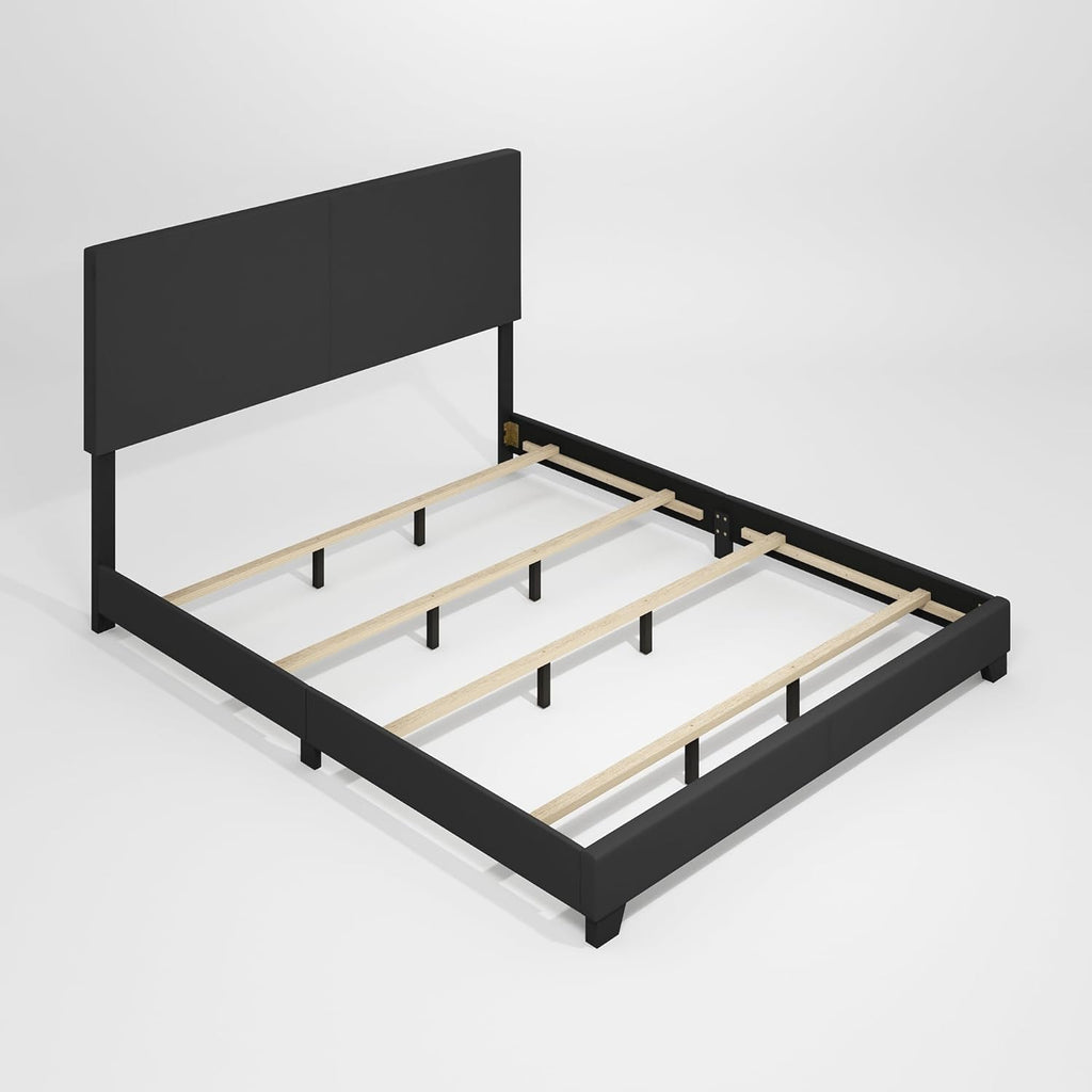 Furinno PESSAC Bed Frame, California King Size Bedframe with PU Leather Upholstery Headboard, Bed with Legs, Wooden Slat Support, Easy Assembly, for Bedroom, Dorm, Plain Black