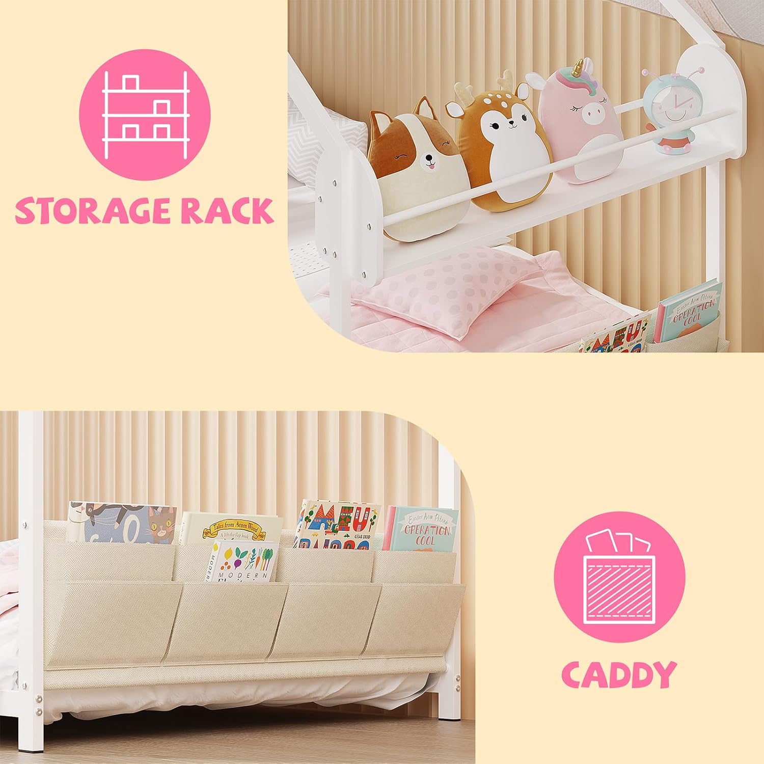 Timy House Shape Twin Size Montessori House Bed Metal Floor Bed with Storage Rack and Caddy Twin Bedframe for Kids No Box Spring Needed White