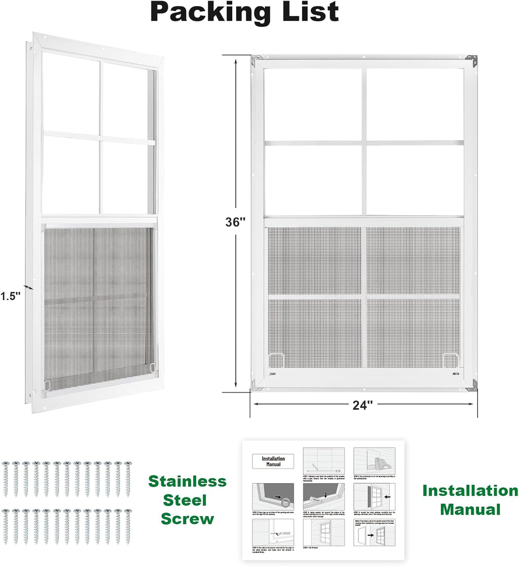 24" x 36" Shed Windows 2 Pack, Small Sliding Window with Tempered Glass & Metal Mesh Screen, Flush Mount Windows for Shed Chicken Coop Barn Household Garage Basement Cabin Playhouse