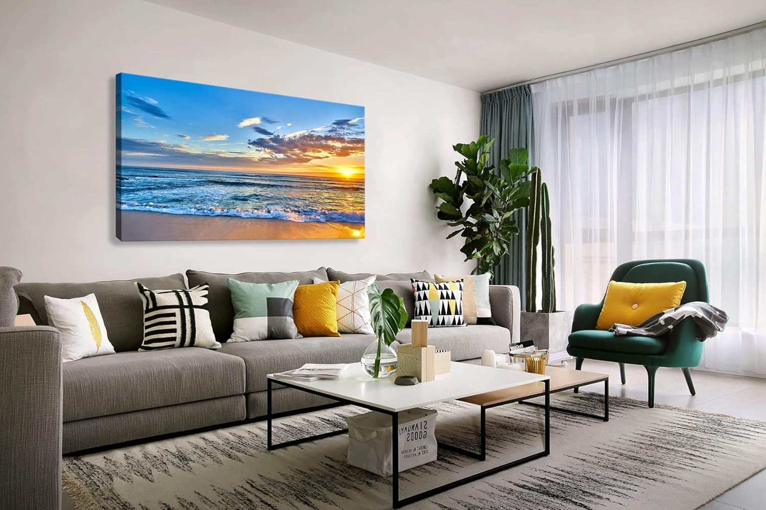 Aibonnly Wall Art Canvas Painting Seaside Sunset over the beaches 1 Piece blue sea view Landscape Ocean Picture Poster Print Framed Ready to Hang for Living Room Bedroom Kitchen Office