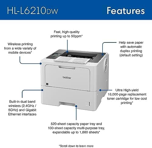 Brother Professional Laser Printer with High-Speed 50 ppm Output, Advanced Security Features, and Wireless Networking for Business, Monochrome Printing with Duplex Capability (HL-6210DW)