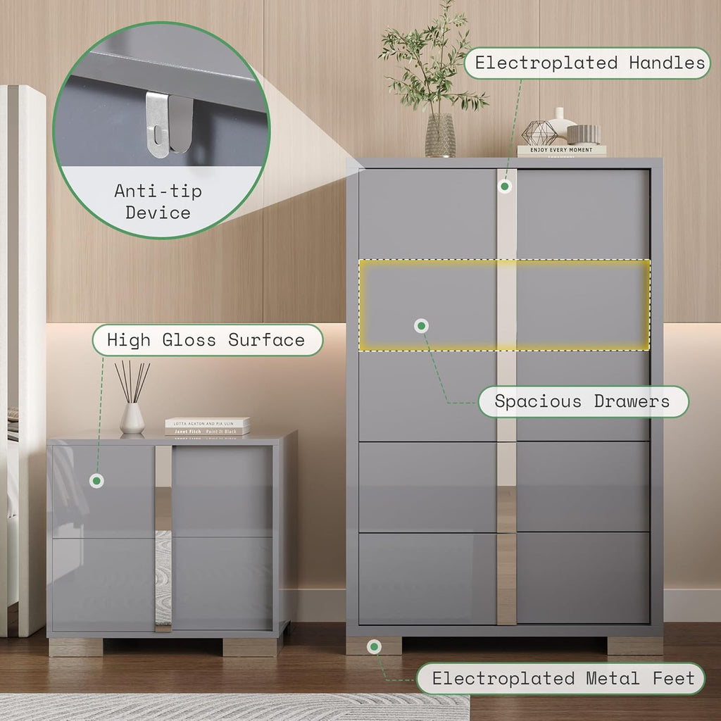 AMERLIFE 4 Piece Bedroom Dresser Set, Modern High Gloss UV Finish, 2 Nightstands, Chest of 5 Drawers & 6-Drawer Dresser, Electroplated Metal Handles, Bedroom Furniture Set, Grey