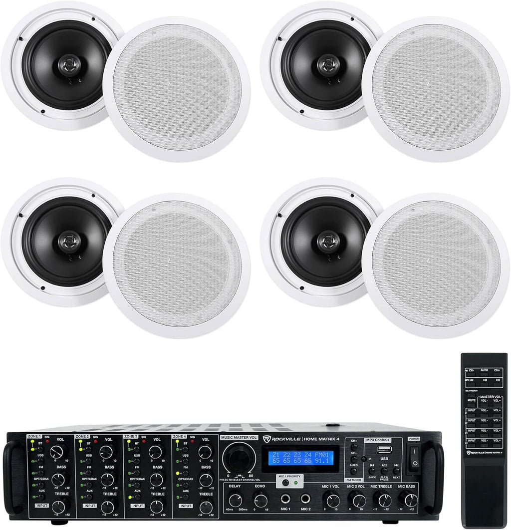 Rockville HC85 Bundle: (8) 8" 120W RMS/350W Peak Each 8 Ohm in-Ceiling Home Theater Speakers, Home Matrix 4 4-Zone 8-Channel 600W RMS (75W x 8) Multi-Room Receiver Amplifier, 9-Items