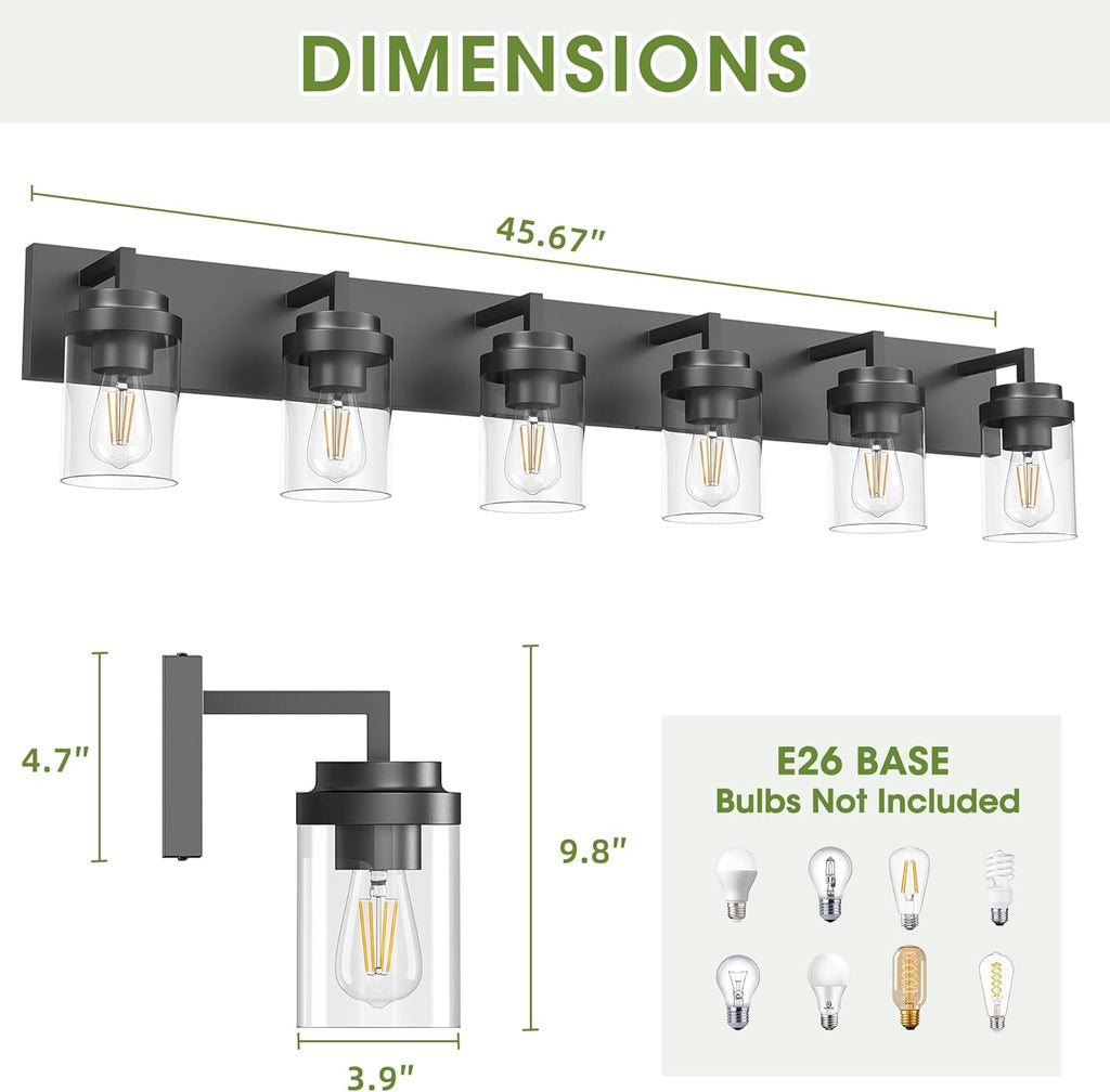 Bathroom Vanity Light, 6 Light Bathroom Light Fixtures Over Mirror, Black Vanity Lights with Clear Glass Shade, Modern Bathroom Light Fixtures for Bedroom, Hallway