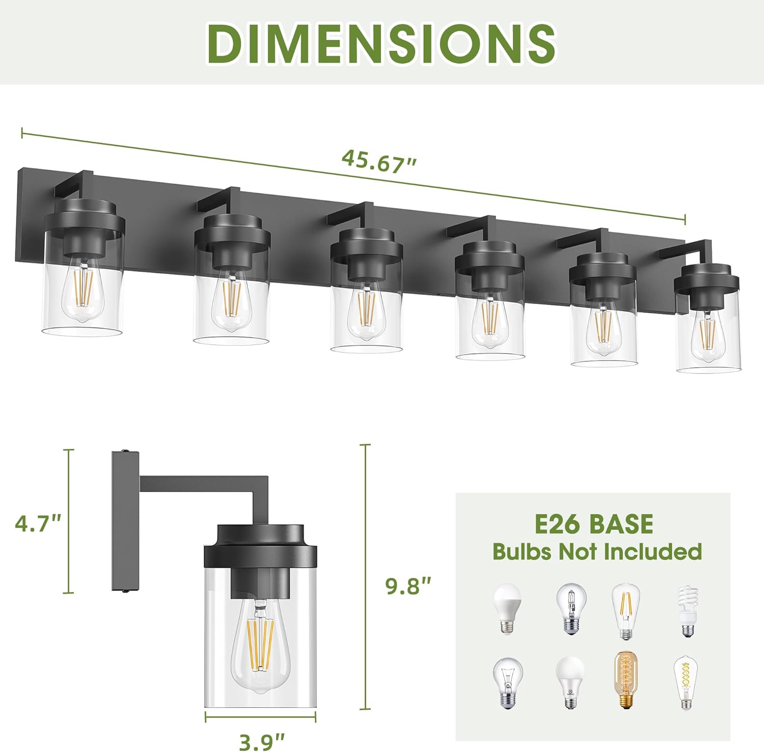 Bathroom Vanity Light, 6 Light Bathroom Light Fixtures Over Mirror, Black Vanity Lights with Clear Glass Shade, Modern Bathroom Light Fixtures for Bedroom, Hallway