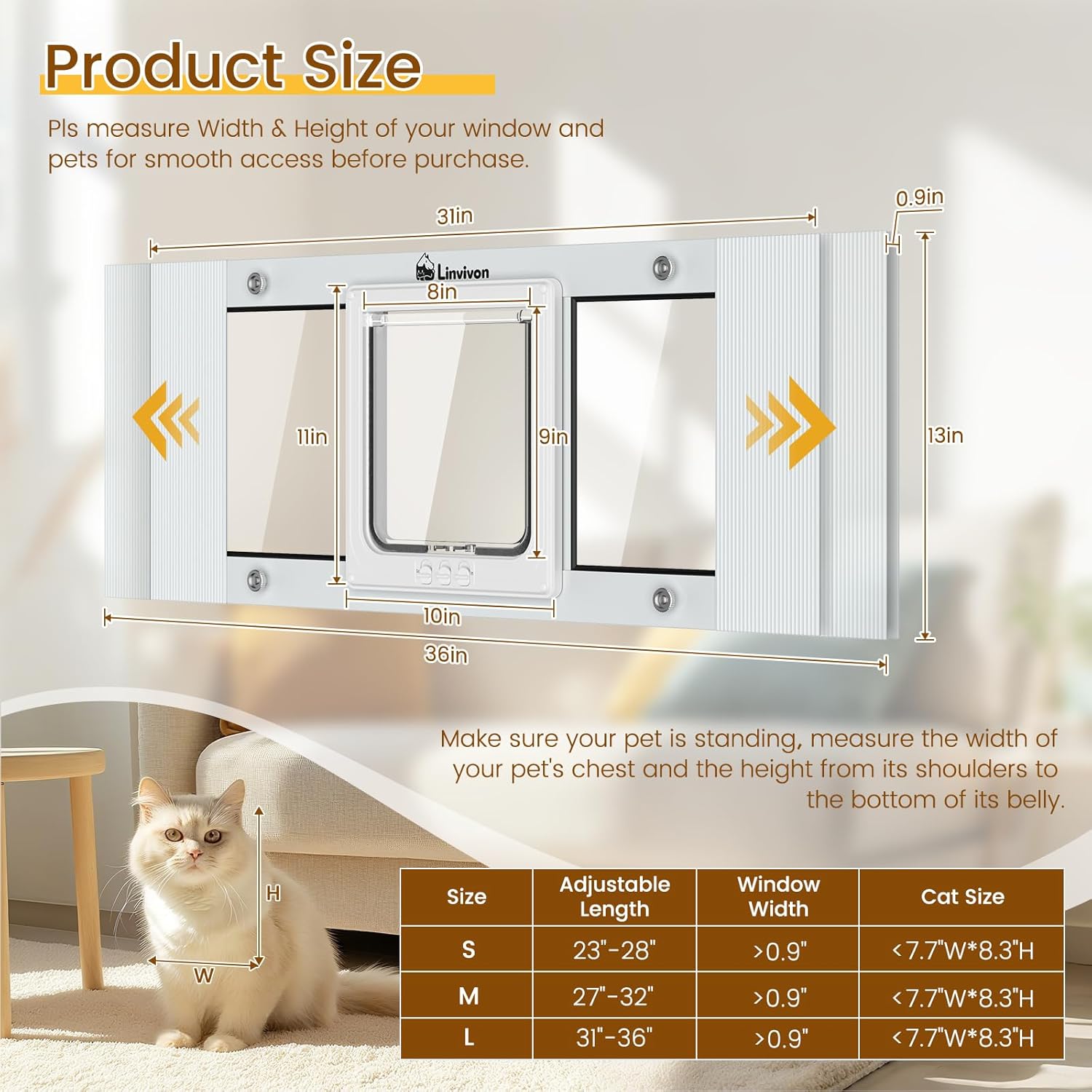 Cat Door for Window, Quick Installation Adjustable Width of 31"-36", Cat Window Door with 4 Locking Modes, Magnetic Closure Design, Weatherproof Aluminum Frame Cat Door Window Insert