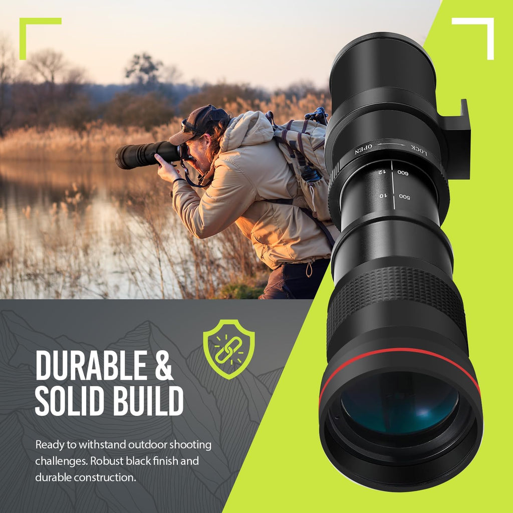 High-Power 420-1600mm f/8.3 HD Manual Telephoto Zoom Lens for Canon EOS 70D, 80D, 90D, Rebel T3, T3i, T5, T5i, T6i, T6s, T7, T7I, T8I, SL3, EOS 5D, EOS5D IV, 6D II, 7D II SLR Cameras