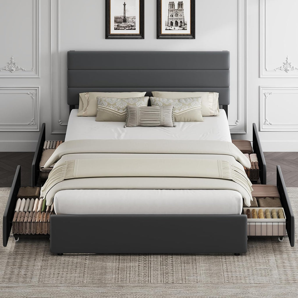 WLIVE Queen Size Upholstered Bed Frame with 4 Storage Drawers and Headboard, Velvet Platform Bedframe, Sturdy Metal & Wooden Slats Support, No Box Spring Needed, Easy Assembly, Dark Grey