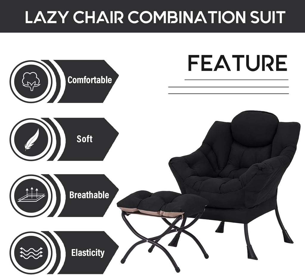 LITA Lazy Chair with Ottoman, Modern Accent Leisure Upholstered Sofa Chair, Contemporary Lounge Reading Chairs with Armrests and a Side Pocket for Living Room, Bedroom & Small Space, Black