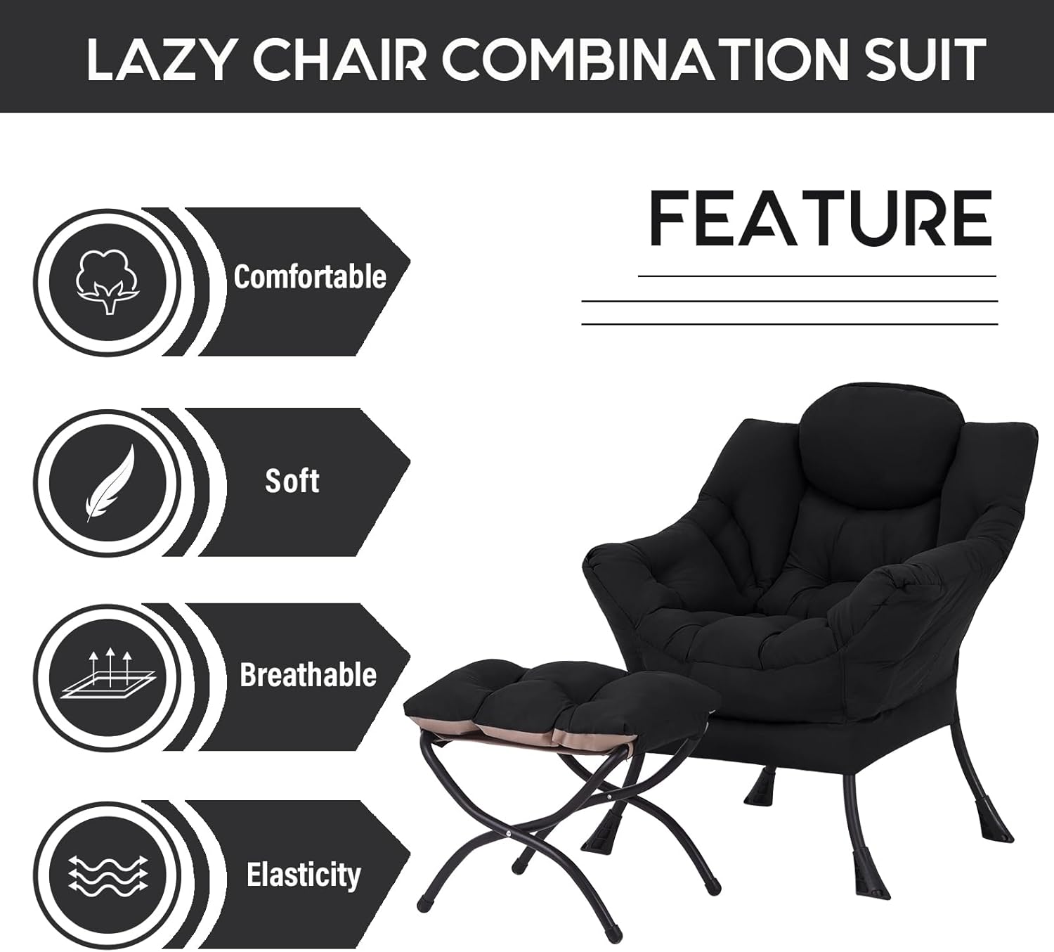 LITA Lazy Chair with Ottoman, Modern Accent Leisure Upholstered Sofa Chair, Contemporary Lounge Reading Chairs with Armrests and a Side Pocket for Living Room, Bedroom & Small Space, Black