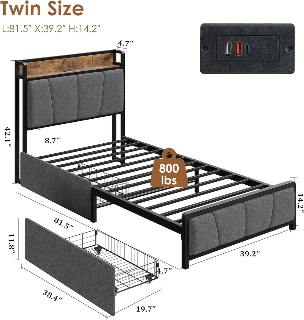 GAOMON Twin Size Bed Frame with 2 Storage Drawers and Charging Station, Rustic Linen Upholstered Platform Bedframe with Storage Headboard, Heavy Duty, No Box Spring Needed, Easy Assembly, Noise Free