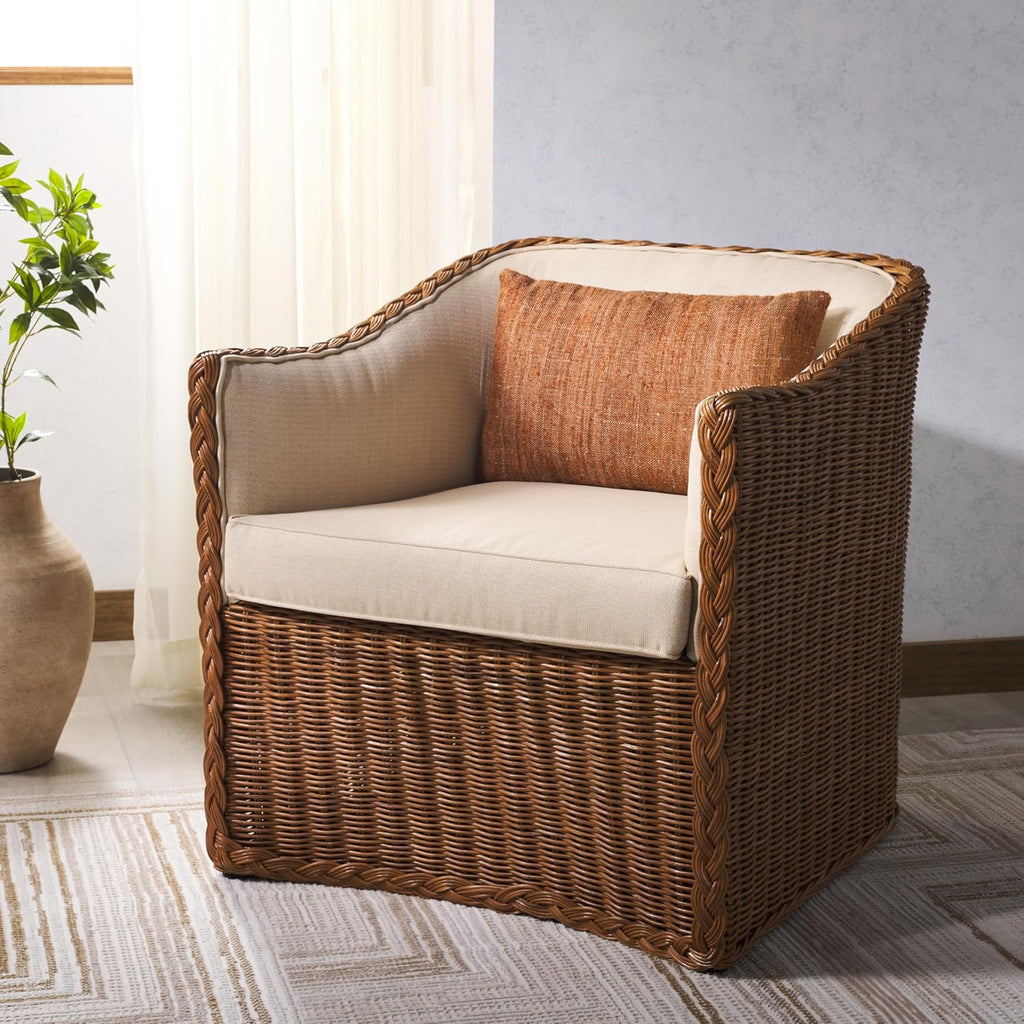 SAFAVIEH Couture Collection Sharon Natural Rattan/Beige Linen Cushion Accent Chair (Fully Assembled)