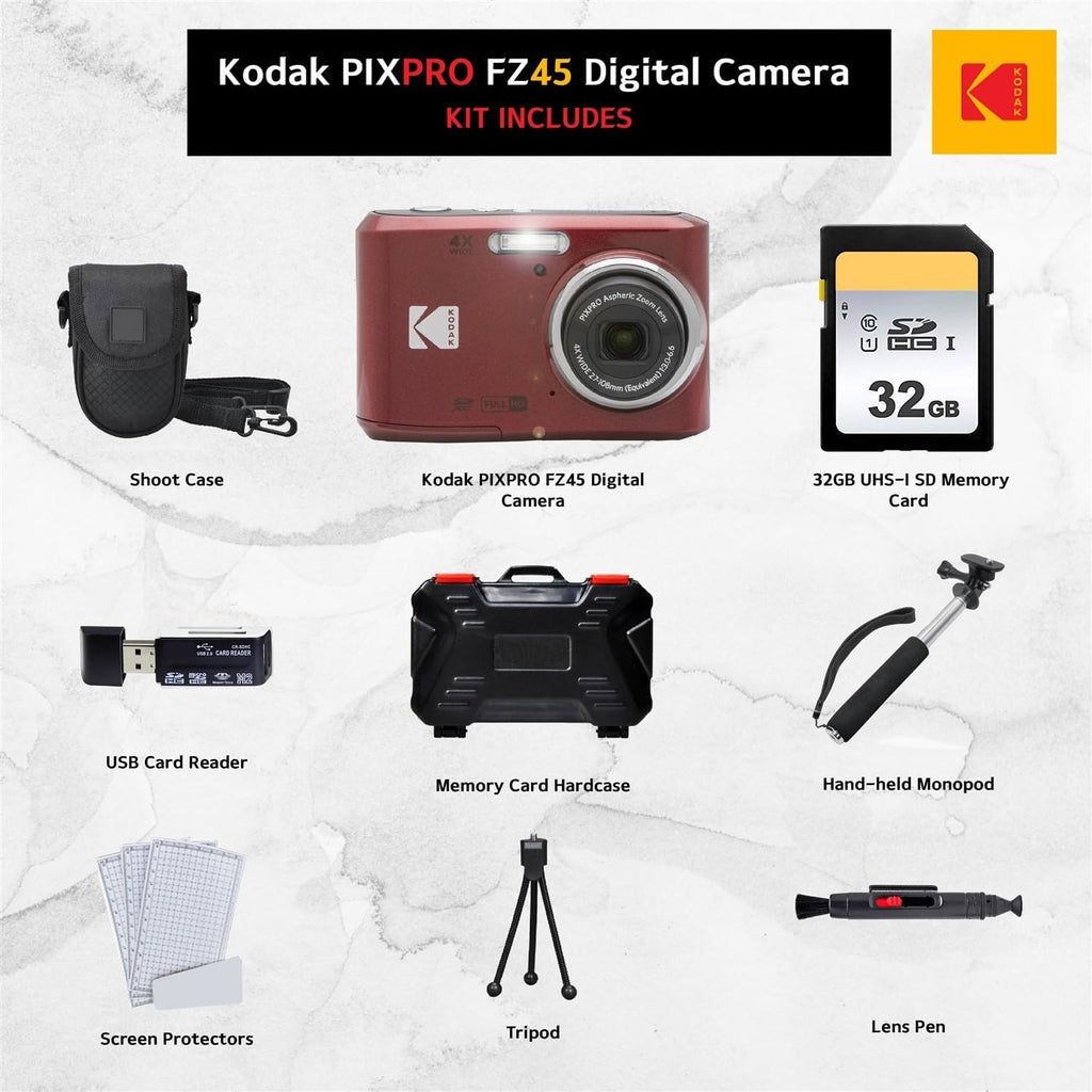 Kodak PIXPRO FZ45 Digital Camera + 32GB Memory Card + Point and Shoot Camera Case + Extendable Monopod + Lens Cleaning Pen + LCD Screen Protectors + Table Top Tripod Ultimate Bundle (Red)