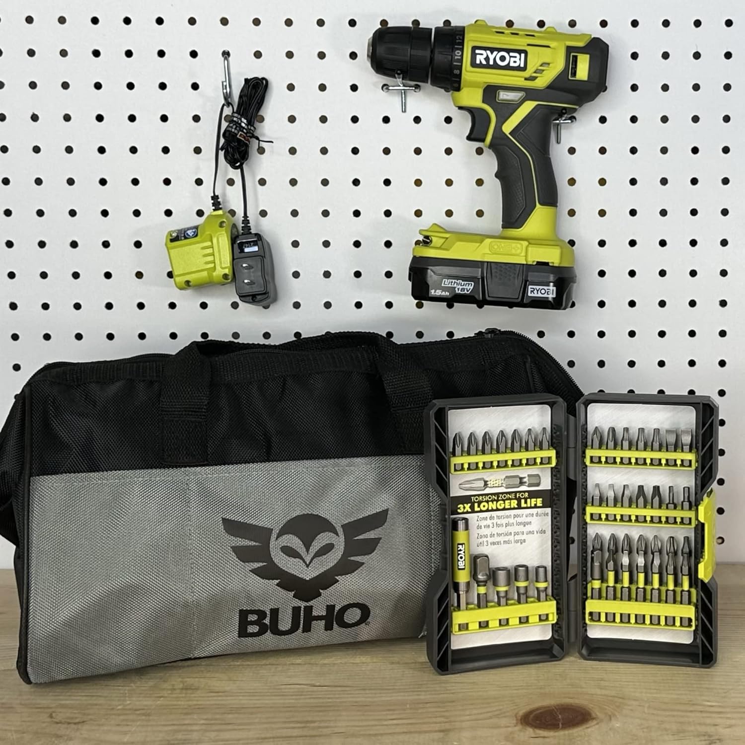 Cordless Drill Set Bundle with Ryobi 18V ONE+ Drill Driver, 3/8 Inch Chuck, 40 Piece Drill Bit Set, 1.5 Ah 18-Volt Lithium-ion Battery, 18-Volt Charger and Buho 16 Inch Tool Bag(PDD209KAR2038BUHO01)