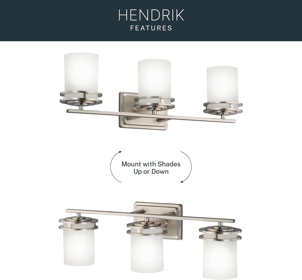 Kichler Hendrik 24" Vanity Light in Brushed Nickel, 3-Light Modern Bathroom Vanity with Satin Etched Cased Opal Glass, (24" W x 8" H), 5078NI
