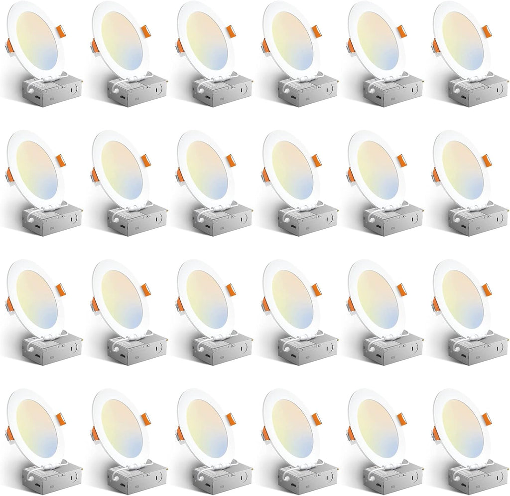 Amico 24 Pack 6 Inch 5CCT Ultra-Thin LED Recessed Ceiling Light with Junction Box, 1050LM Brightness, Dimmable Canless Wafer Downlight, 12W, ETL&FCC