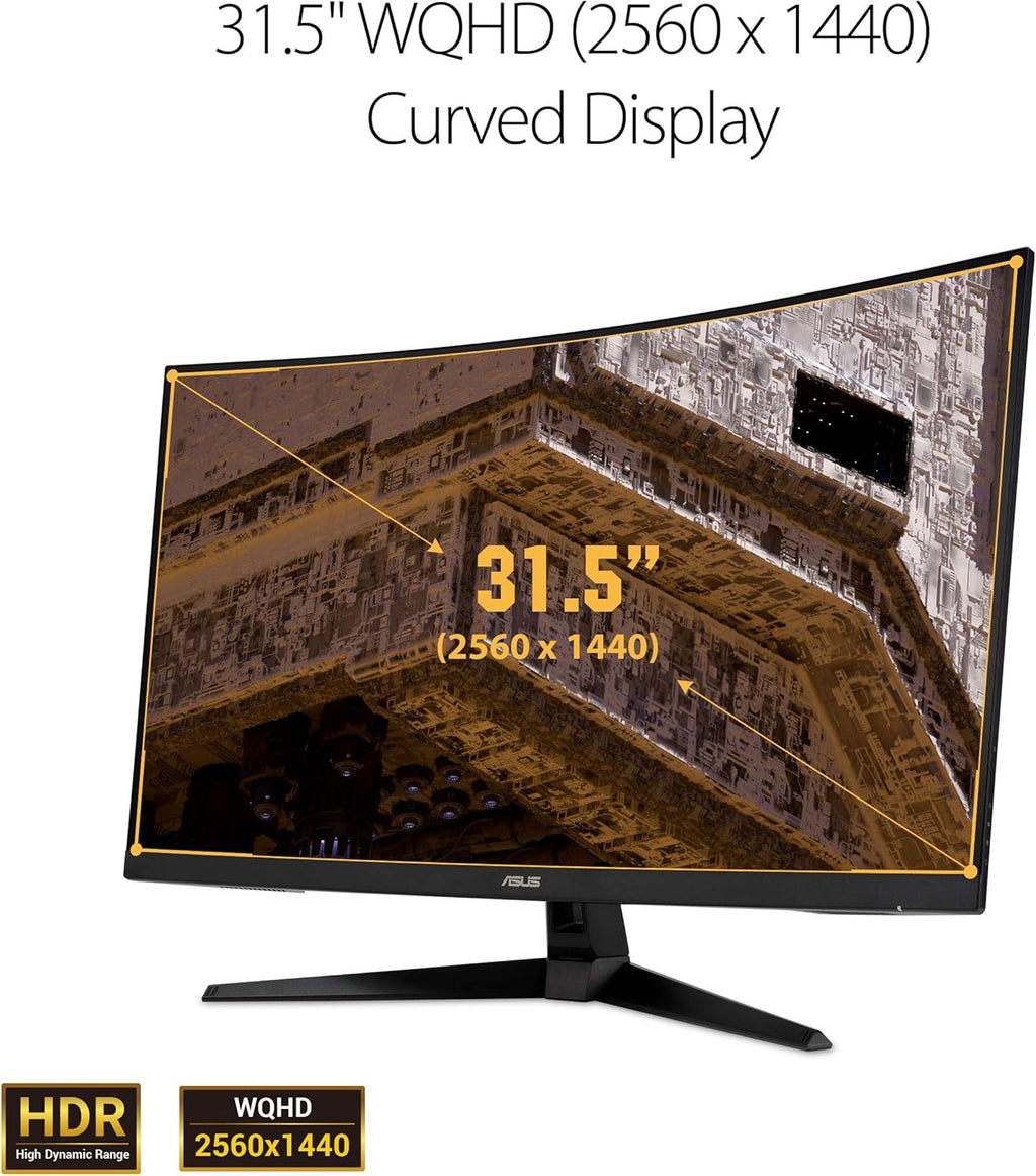 ASUS TUF 32 Inch Curved Gaming Monitor - QHD (2560 x 1440), 165Hz (Supports 144Hz), 1ms, Extreme Low Motion Blur, Speaker, FreeSync Premium, VESA Mountable, DisplayPort, HDMI - VG32VQ1B