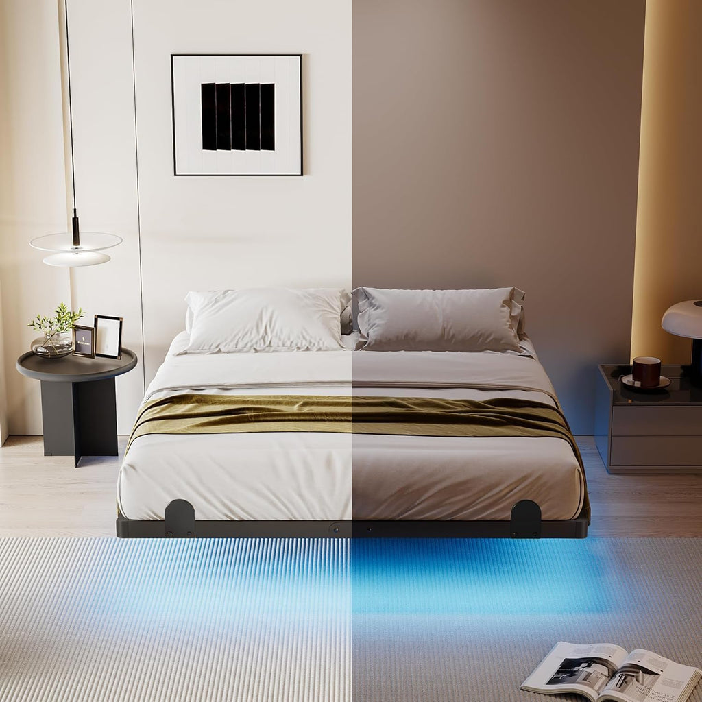 qimamo 14 Inch Floating King Bed Frame with Smart LED Lights and Charging Station, Modern Metal King Bed Frame, Easy to Assemble, No Box Spring Needed