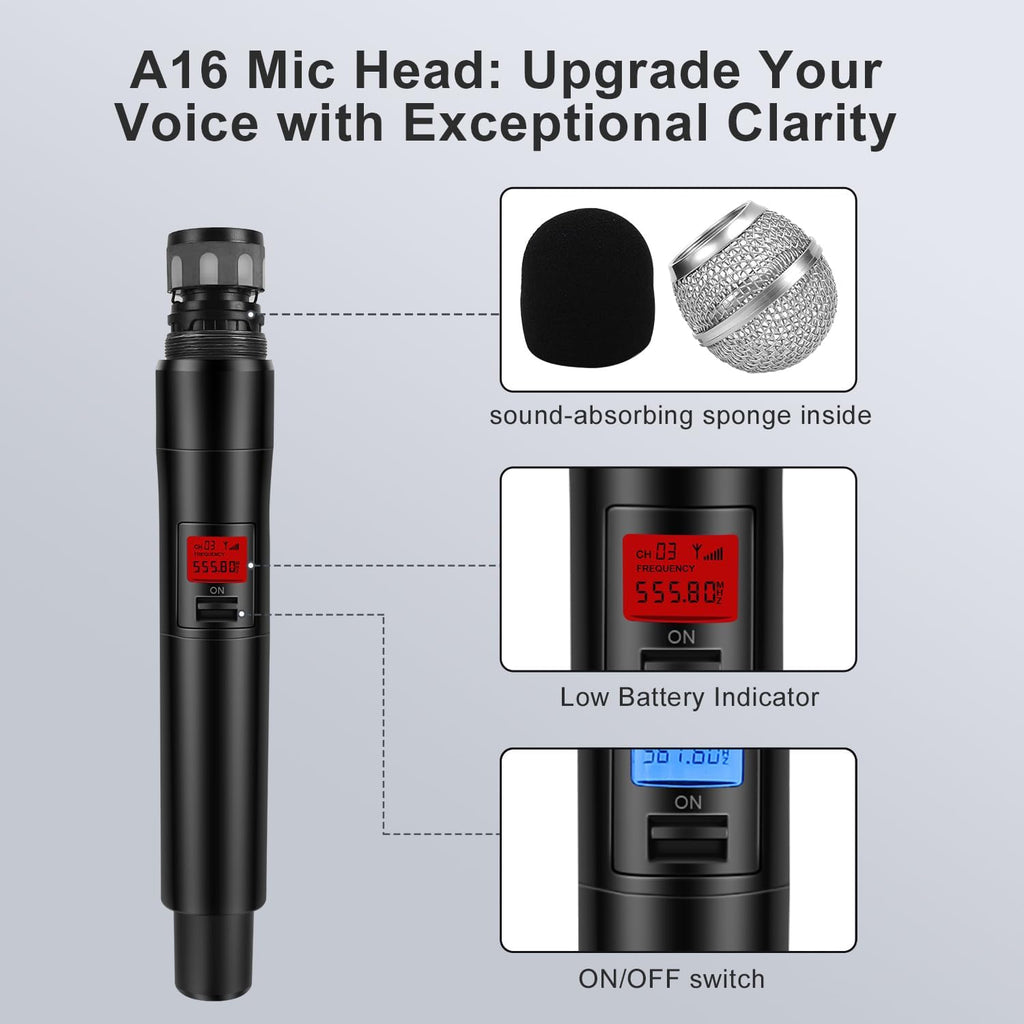 innopow Wireless Microphone System, Dual UHF Metal Cordless Mic Set, Long Distance 150-200Ft,16 Hours Continuous, Fixed Frequency, Use for Karaoke Singing, Family Party,Church …