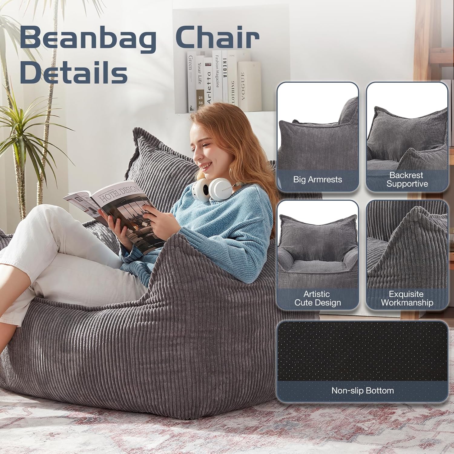 EBENCHICO Giant Bean Bag Chair Sofa for Adults Teens, Comfy Corduroy Large Bean Bag Chairs with Armrests for Bedroom Living Room, Adult BeanBag Lazy Sofa Couch Chairs with Filler Included