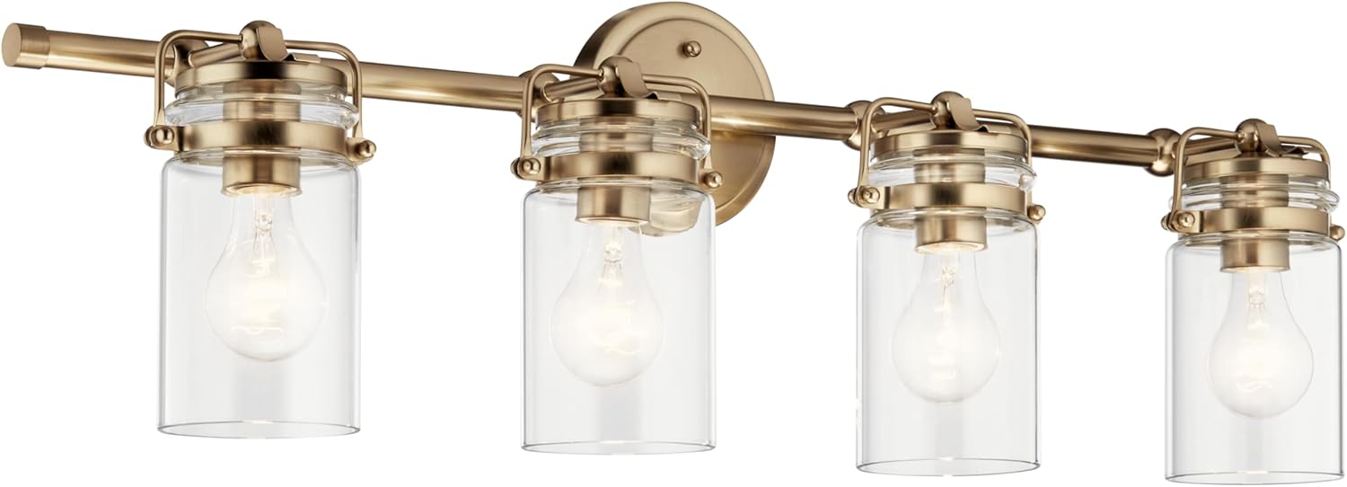 Kichler Brinley 4-Light Bathroom Vanity Light Fixture with Clear Glass in Champagne Bronze, Industrial Farmhouse Style for Mirror Lighting (32.5" x 10.25" x 6.75"), 45690CPZ