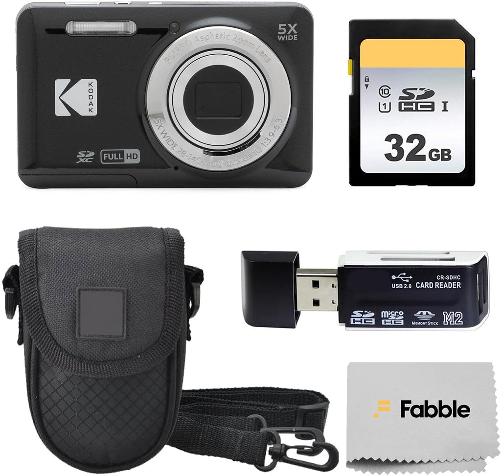 KODAK PIXPRO FZ55 16MP Digital Point & Shoot Camera, 5X Optical Zoom, 28mm Wide Angle, 1080P Full HD Video, Bundle with 32GB SD Card, Protective Case, and Hi-Speed Card Reader (Black)