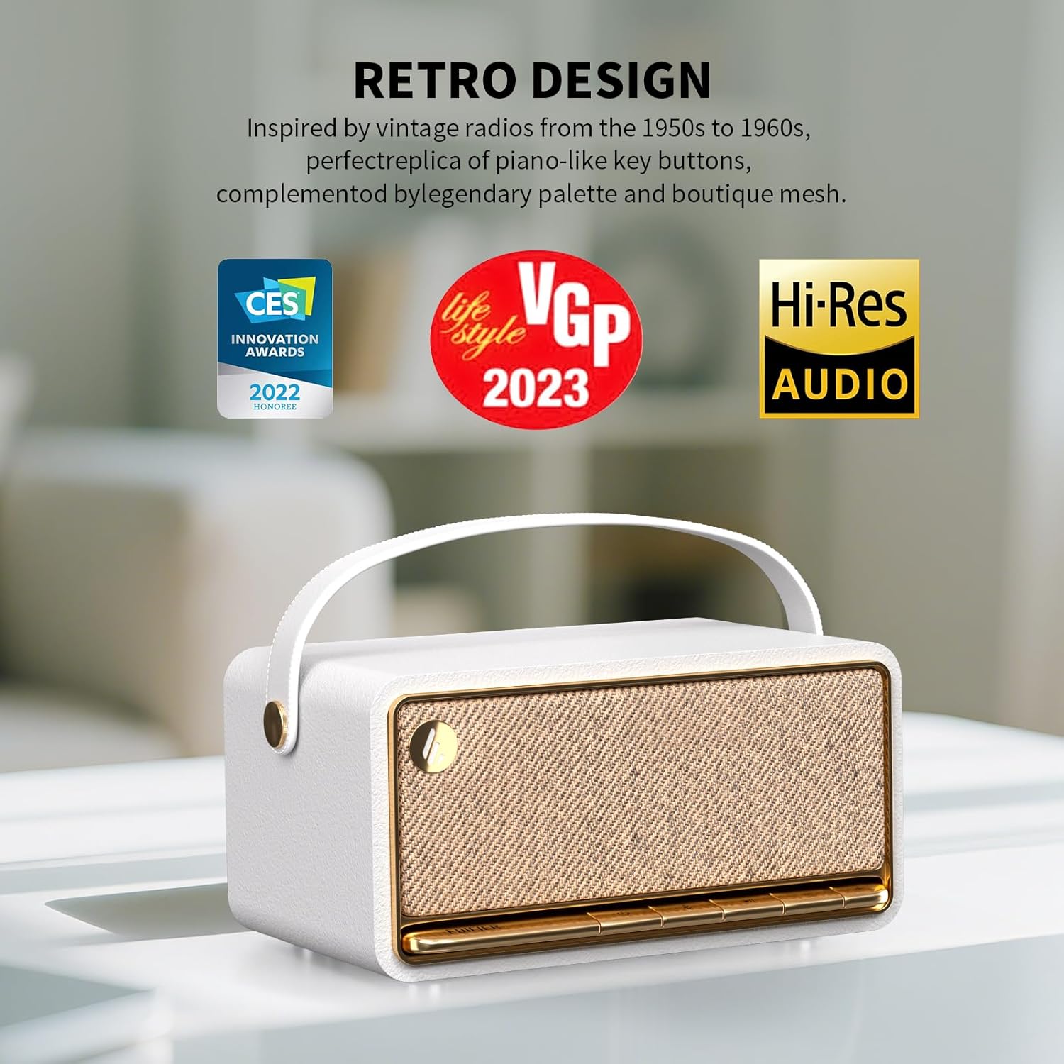 Edifier Retro Wood Bluetooth Speaker, Wireless Portable Speakers with 40W Hi-Res Audio, Stereo Pairing ConneX App, USB and TF Card Ivory