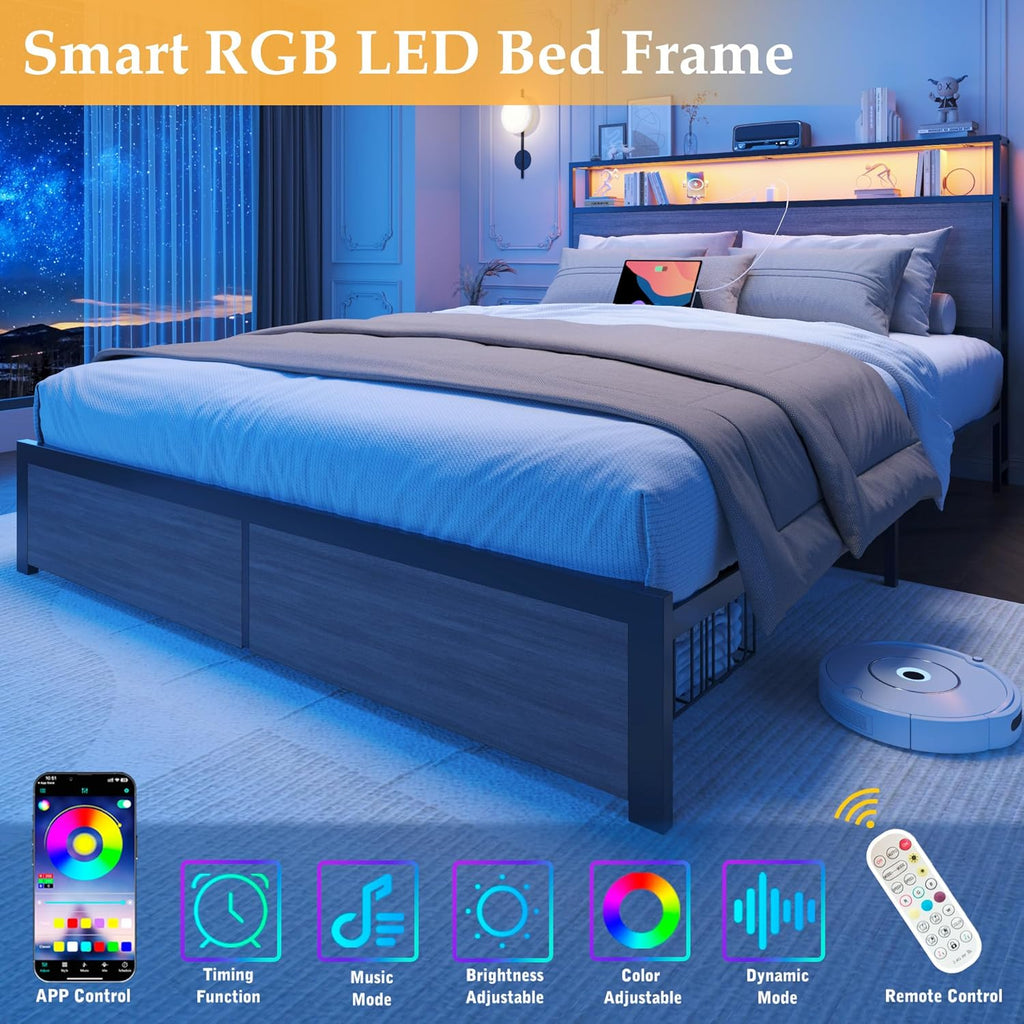 Lifezone Queen Bed Frame with 2-Tier Storage Headboard, Bedroom Metal Bed Frame with 2 Storage Drawers & Fast-Charging Station & LED, Noise-Free, No Box Spring Needed, Easy Assembly, Rustic Grey