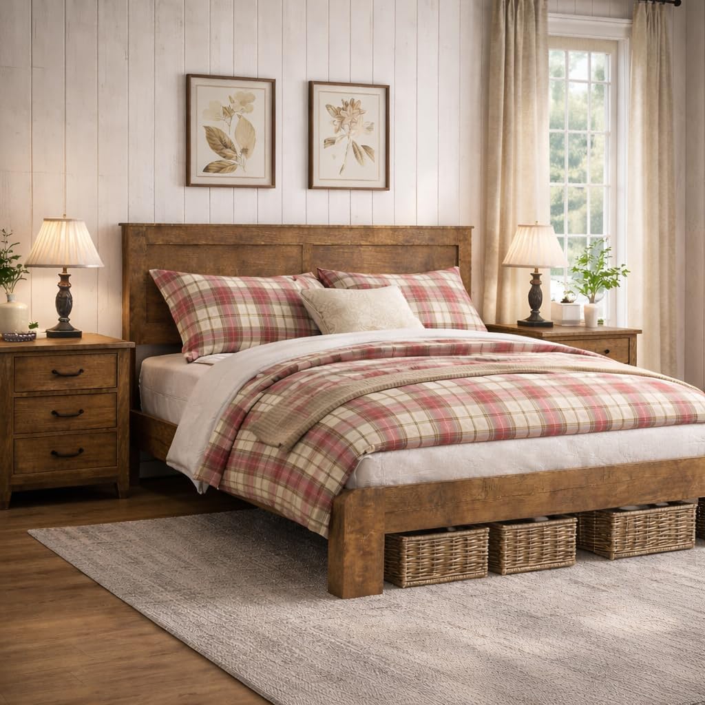 Wooden Bed Frame King Size with Headboard, Farmhouse Platform Bedframe with Wood Slat Support, Sturdy Framework Bed Frame, Easy Assembly (Rustic Brown)