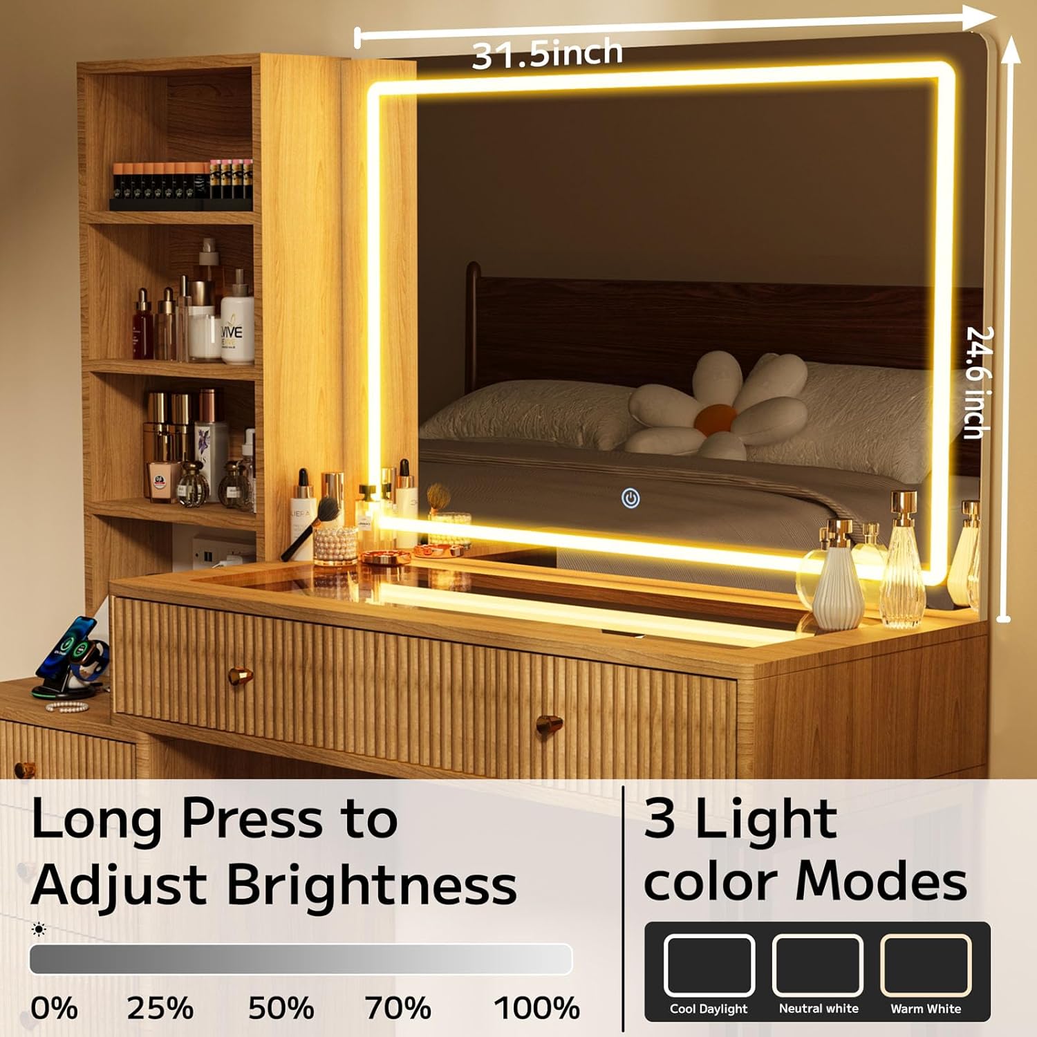 44” Fluted Vanity Desk with 32” Lighted Mirror & Power Outlet, Makeup Vanity with Glass Top, 3 Adjustable Light Colors, Curved Design, 5 Drawers, Modern Dressing Table Set for Bedroom (Oak)