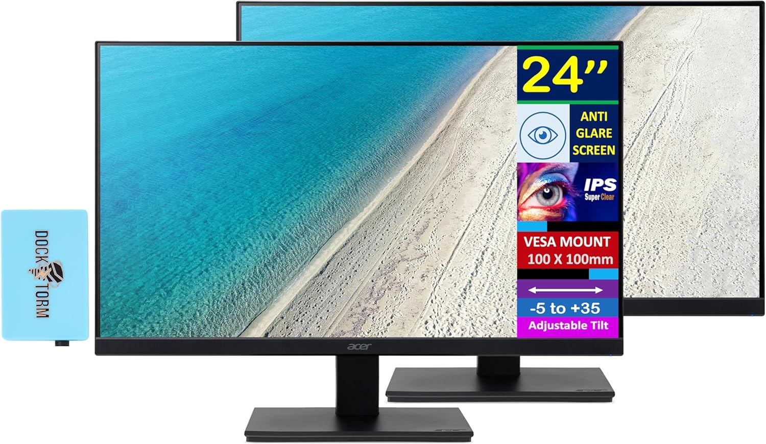 acer 24" FHD IPS Monitor with 4 ms Response Time, Anti-Glare, Adaptive Sync, Integrated Speakers, VESA Mount (100mm) & Dockztorm Hub, HDMI, Black Color (2-Pack)