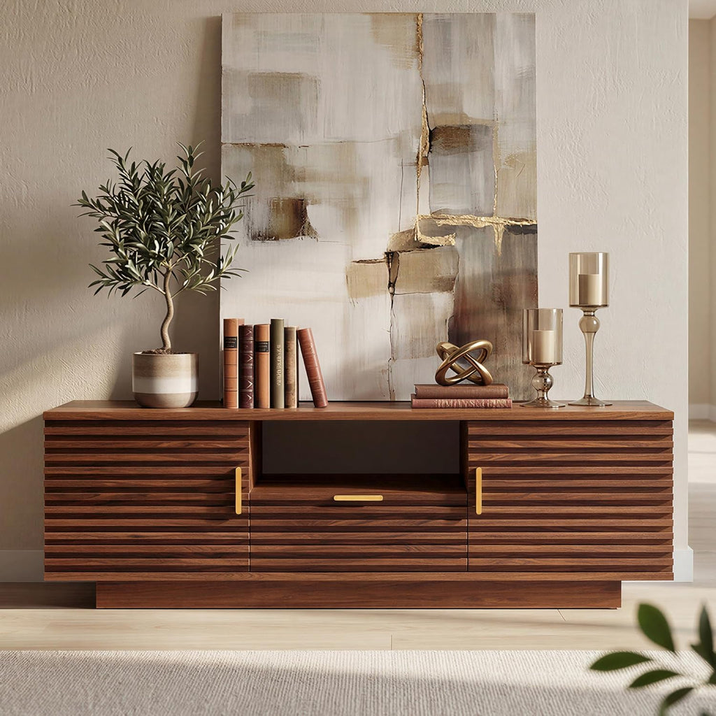 IRONCK TV Stand for TVs up to 65 Inch, Mid Century Modern Fluted Entertainment Center with Storage, TV Console with Cabinet and Adjustable Shelves for Living Room, Bedroom, Walnut