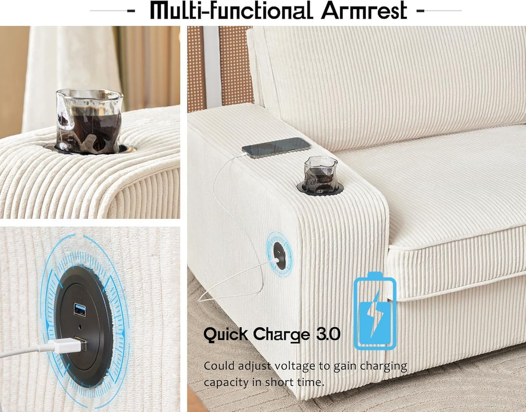 AMERLIFE Corduroy Sofa Chair, Modern Comfy Accent Chair with Cup Holders & USB Ports, Upholstered Living Room Chair, Beige