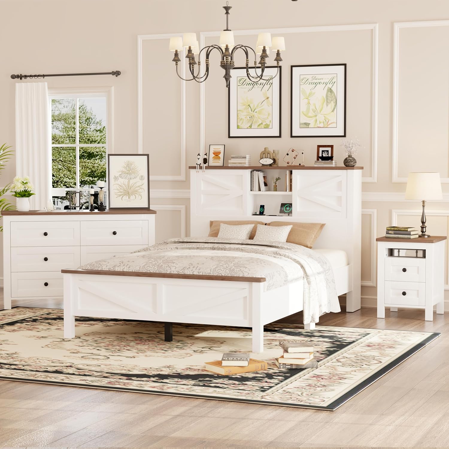 LUMISOL 3-Piece Full Size Bedroom Set, Rustic Wooden Platform Bed with Storage Headboard & Charging Stations, a Nightstand and Dresser, Full Size Farmhouse Bedroom Furniture Set, White