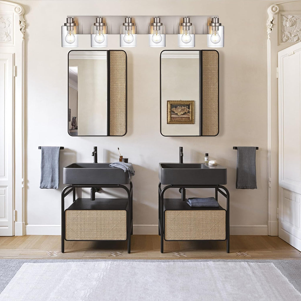 6 Light Vanity Light Brushed Nickel Bathroom Lighting Fixtures Over Mirror, Modern Bathroom Light with Clear Glass Shade, Farmhouse Vanity Lights