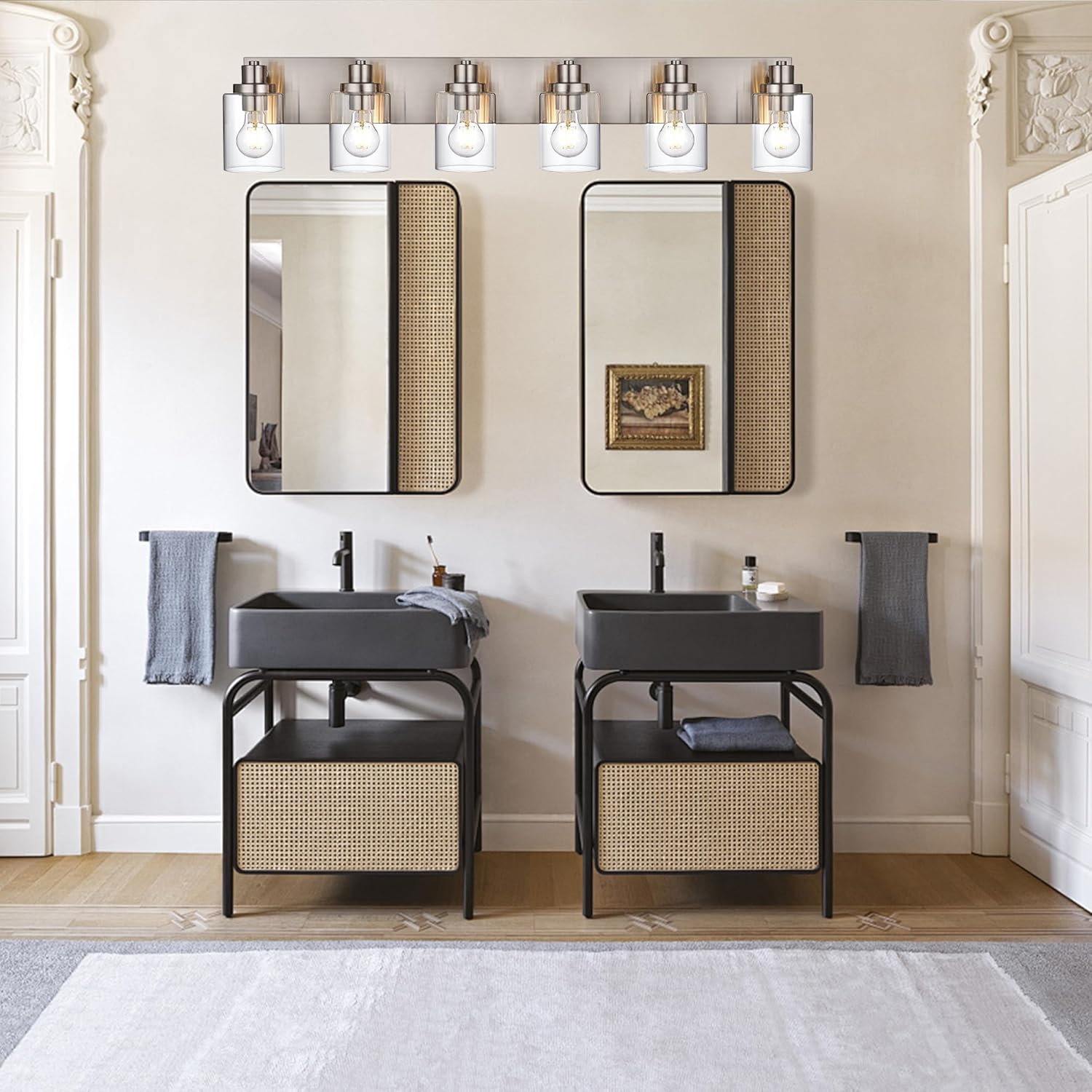 6 Light Vanity Light Brushed Nickel Bathroom Lighting Fixtures Over Mirror, Modern Bathroom Light with Clear Glass Shade, Farmhouse Vanity Lights