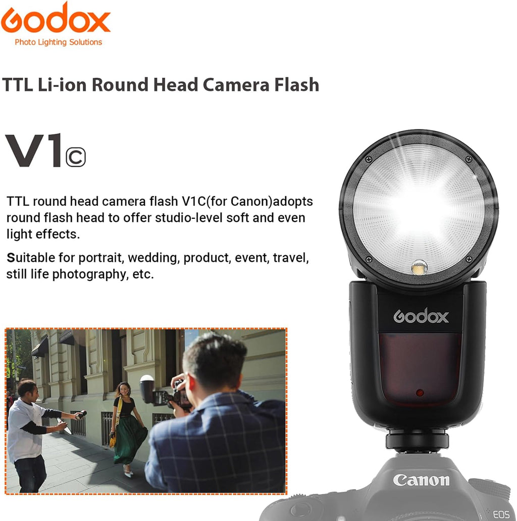 Godox V1 V1-C Flash for Canon, 2.4G TTL Round Head Camera Flash Speedlite HSS 1/8000s, 480 Full Power Flashes, Rechargable Li-ion Battery, 10 Levels LED Modeling Lamp, External Flash for Canon