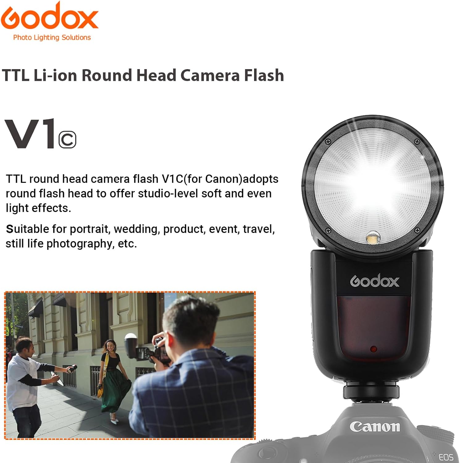 Godox V1 V1-C Flash for Canon, 2.4G TTL Round Head Camera Flash Speedlite HSS 1/8000s, 480 Full Power Flashes, Rechargable Li-ion Battery, 10 Levels LED Modeling Lamp, External Flash for Canon