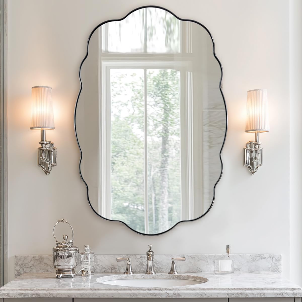 ANDY STAR Brushed Nickel Wavy Oval Bathroom Mirror, 24x36 Inch Silver Asymmetrical Wall Mirror, Unique Irregular Wall Mirror with Sophisticated Curved Design