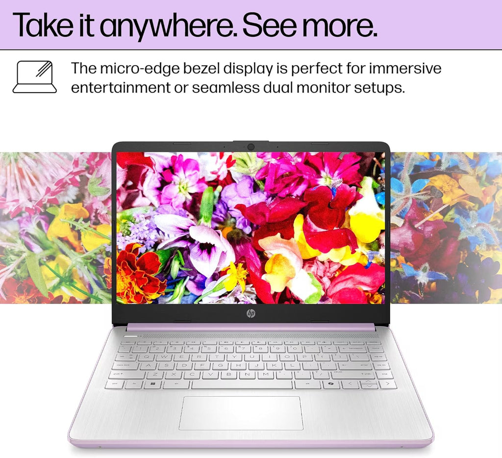 HP 14" Laptop Computer for 2026 Student Business Productivity, MS Office & Win 11 Pro, Copilot AI, Intel 4-Core CPU, 4GB DDR5 RAM, 628GB Storage (128GB UFS+500GB Ext), Wi-Fi 6, HubxcelAddon, Lavender