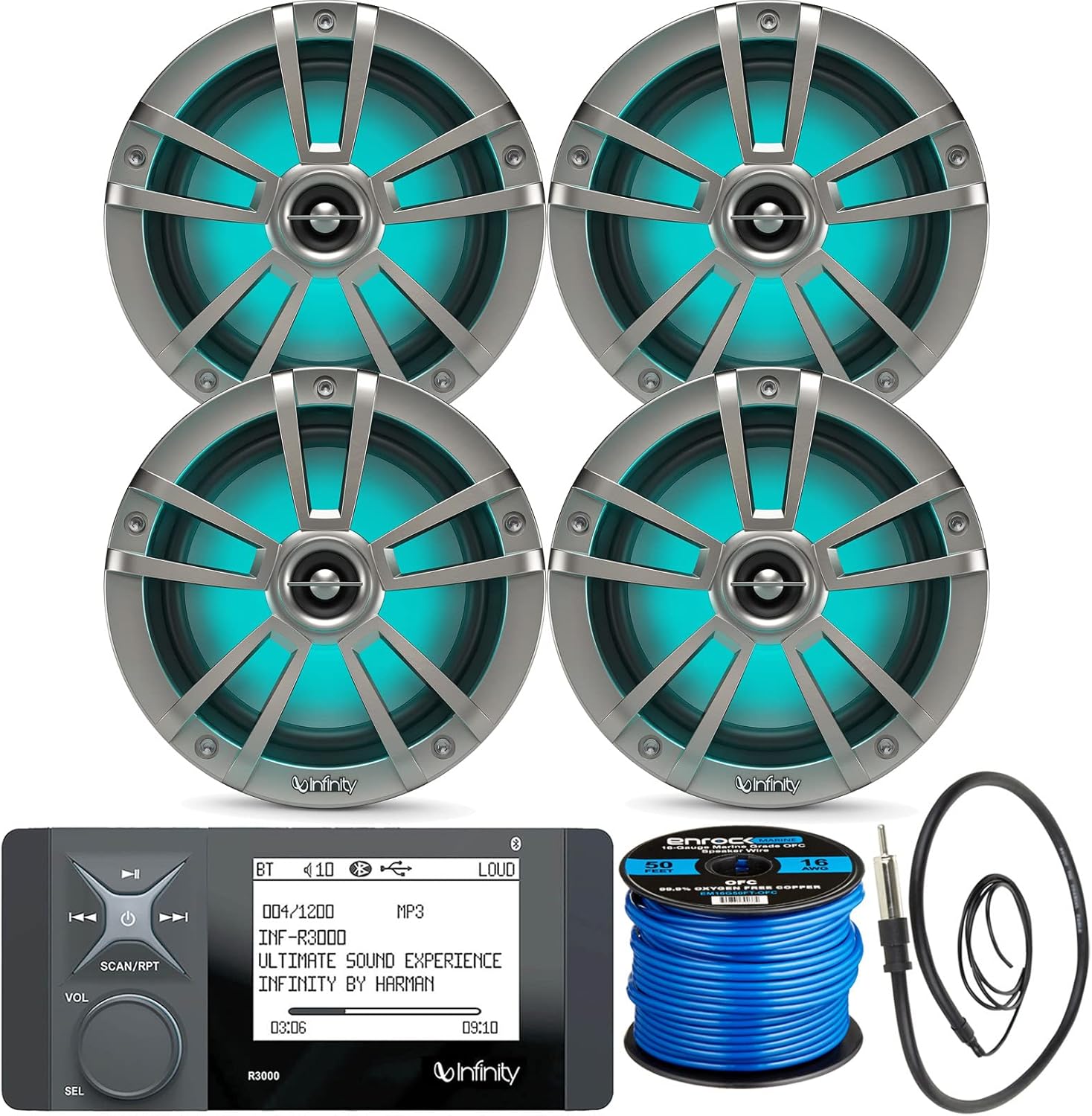 Great 16-25' Bay Boat Audio System: Bluetooth Stereo Radio Digital Media Marine Receiver Bundle Combo with 4x 6.5" 225W Peak OEM Replacement Waterproof Titanium RGB LED Speakers, Speaker Wire, Antenna