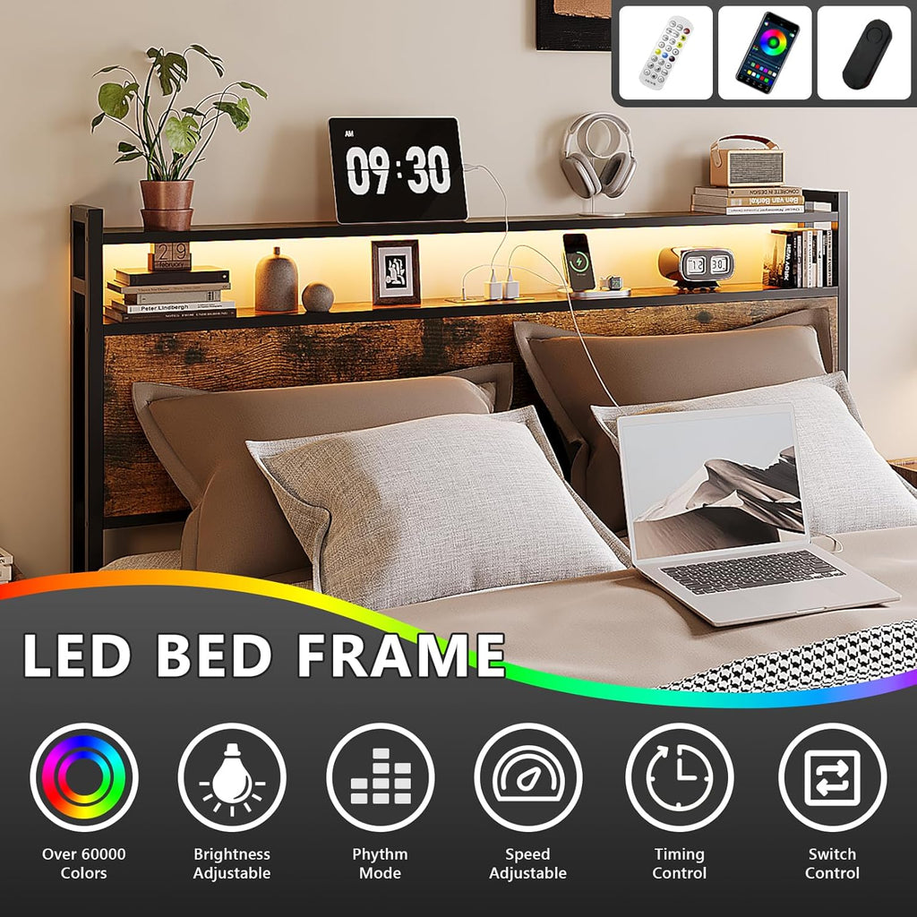 VINGLI Queen Bed Frame with 4 Storage Drawers and Headboard, Metal Platform Panel Bed with Charging Station and RGB LED Lights, No Box Spring Needed, Noise Free, Easy Assembly, Vintage Brown