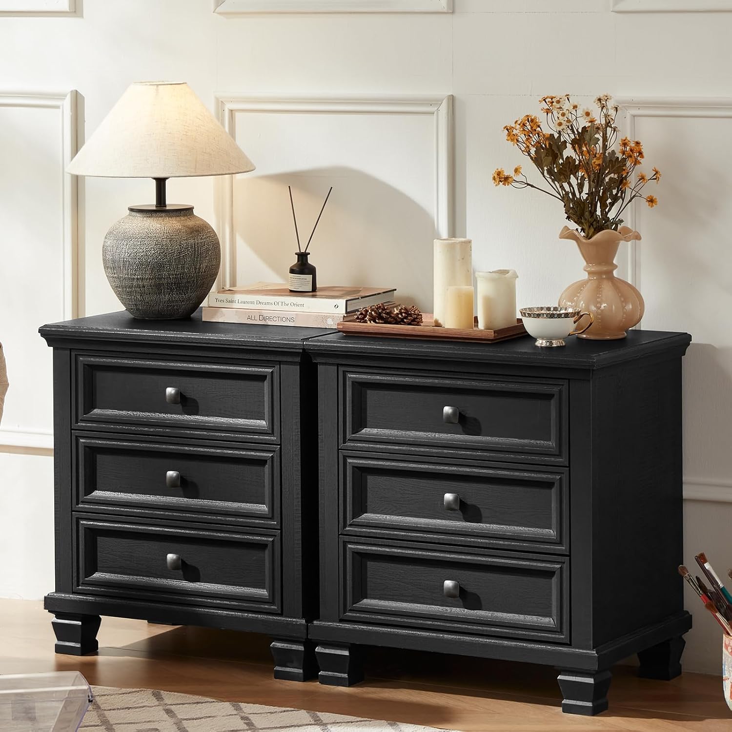 SAVOR LIFE Farmhouse Black Bedroom Sets of 4, Includes 6 Drawer Large Dresser, Vintage Night Stand with 3 Drawers, Small 5 Chest of Drawers, Wood Rustic Dresser & Nightstand Set for Bedroom, Home