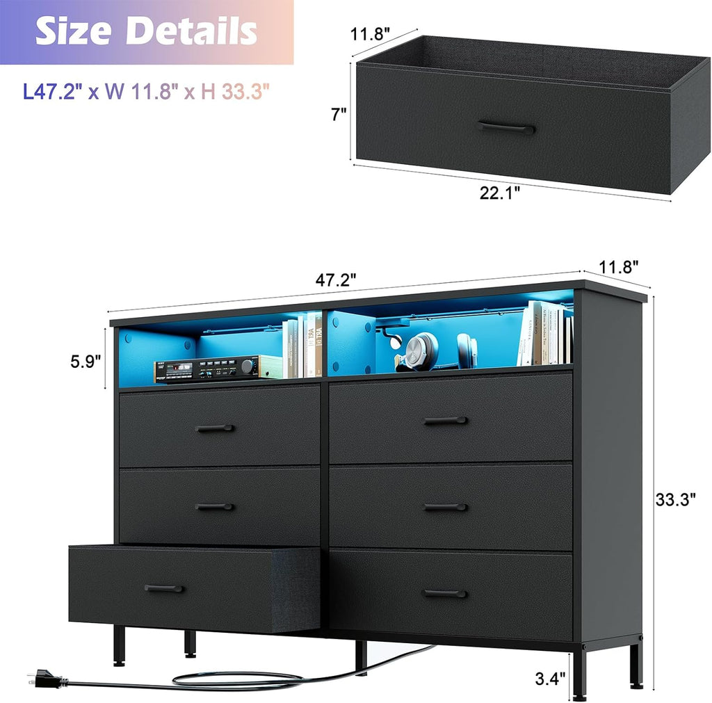Black Dresser for Bedroom, 6 Drawer Dresser, Fabric Vertical Storage Tower with Fabric Bins with Open Shelves LED Light and Charging Station, Chest of Drawers for Closet Chests Organizer, Living Room