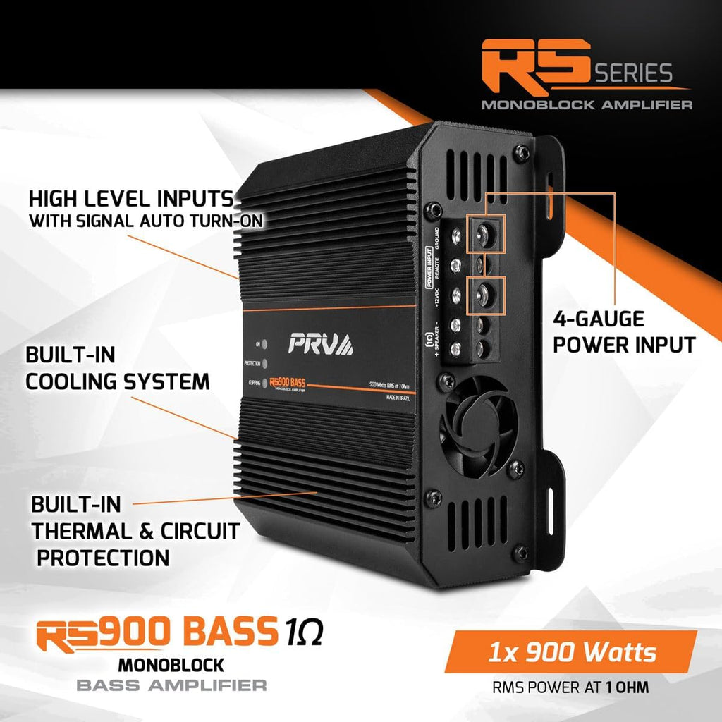 PRV AUDIO 900 Watts Mono Subwoofer Car Audio Amplifier RS900 BASS 1 Ohm – 12 Volts Monoblock Class D Amp, Built-in Crossover & Bass Boost with High Level Inputs